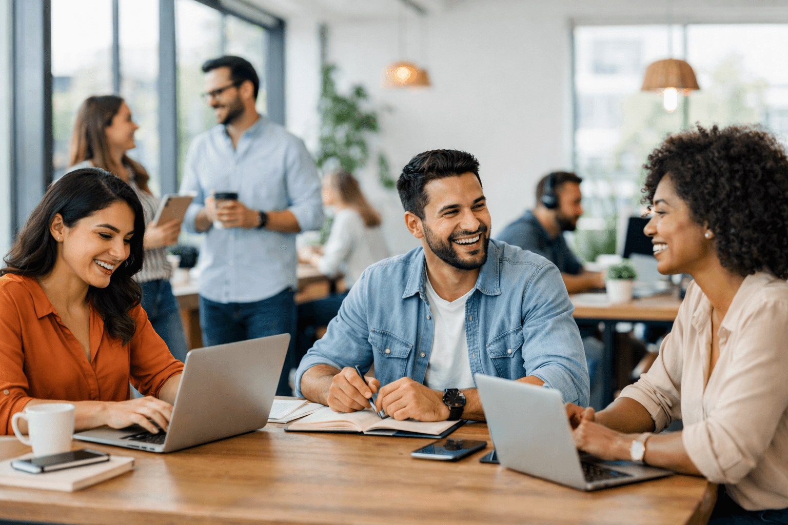 Happy productive professionals in coworking space